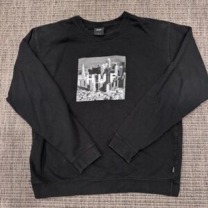 HUF Black Crewneck Sweatshirt with Gray City Block Graphic